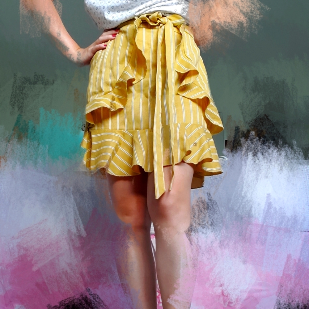 Yellow Tie-Front Ruffle-Trim Mini Skirt